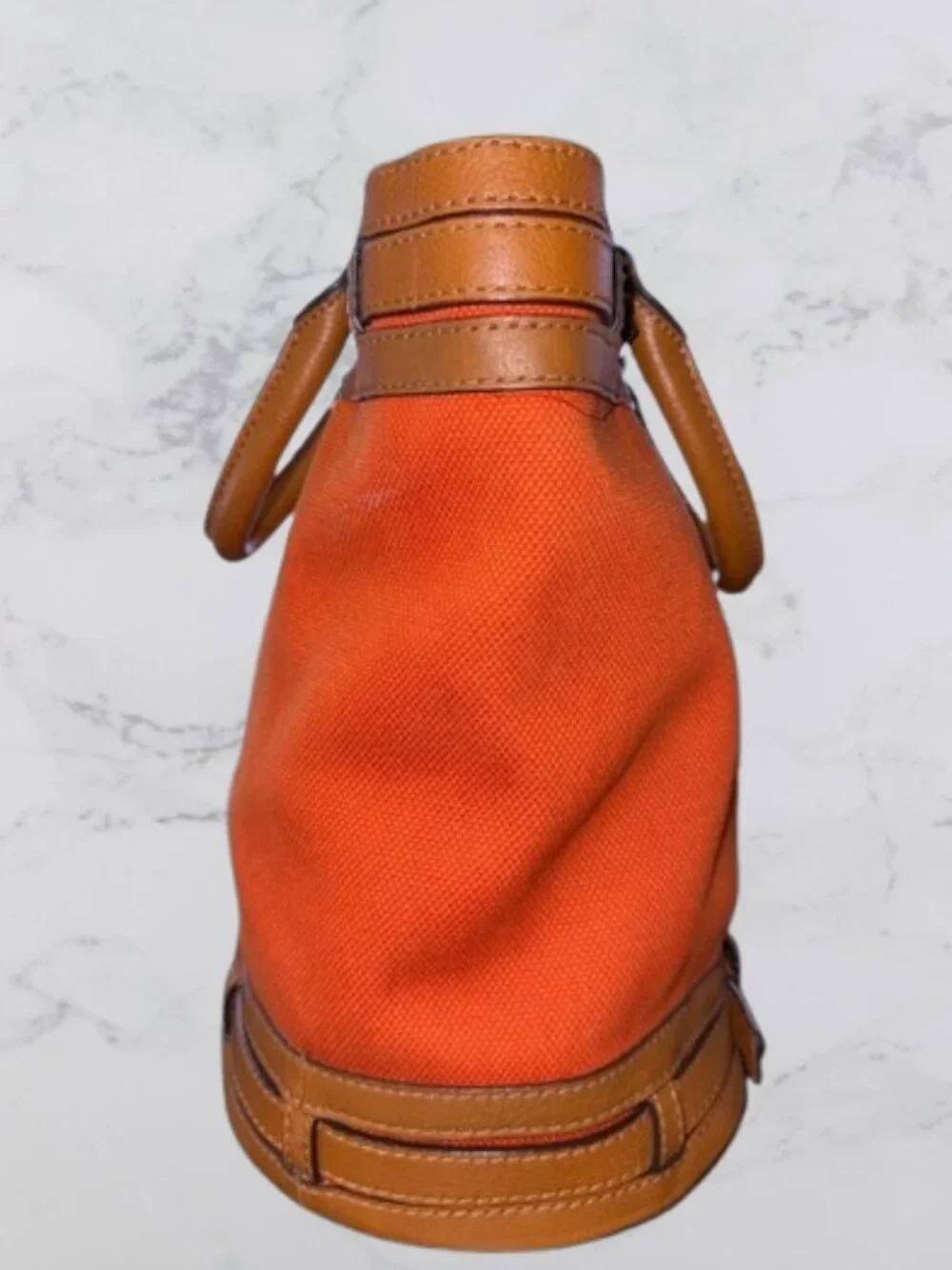 Michael Kors Kingsbury Orange Canvas Bucket Bag Cognac Leather Crossbody - Picture 5 of 13